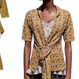 Moth Anthropologie Tiles Wrap Scarf Floral Mustard and Gray Wool Knit Cardigan-M